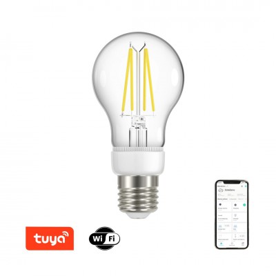 Smart bulb 7W E27 Smart Tuya WiFi Světelný zdroj, žárovka, sklo a kov, LED 7W, E27, A60, dálk ovl, nebo smart tel. WiFi, stmív., nast CCT, 2700K až 6500K, Ra80, 230V, životnost 25 000h, rozměry d=60mm, l=110m