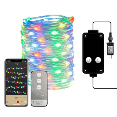 Chain 100x LED RGB smart Tuya VÝPRODEJ Venkovní vánoční řetěz, 100x LED RGB 6W,  fce svítí, nebo mění barvy, ovl smart telefon Tuya, WiFi, 230V, IP44, napájec adapter IP20, svítící část l=10m