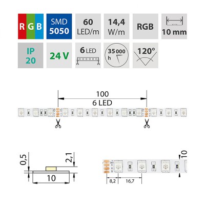 LED pásek RGB 60LED/m, 14,4W/m, 24V VÝPRODEJ LED pásek RGB - červená, zelená, modrá, 14,4W/m, 590lm/m, 24V, 60LED/m, rozteč LED 16,8mm, rozměry w=10mm, l=5000mm dělitelnost 100mm, cena za 1m