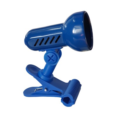 ALBILO Stolní lampa s klipem, skřipcem, těleso kov a plast, povrch modrá, pro žárovku 1x40W, E14, 230V, IP20, tř.2. rozměry d=100mm, h=120mm.