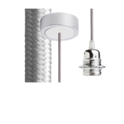 KERAS Závěsný kabel s objímkou, základna chrom/bílá, kabel textilní úplet šedý, objímka chrom, pro žárovku 28W, E27, 230V, IP20, tř.1, d=800mm, l=1500mm, lze zkrátit, pouze závěs BEZ STÍNÍTKA