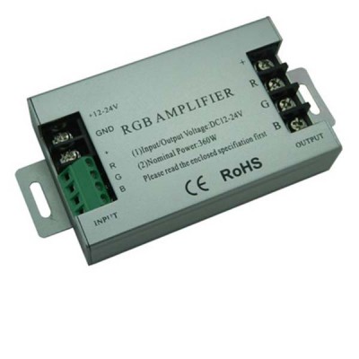 LED zesilovač, opakovač RGB VÝPRODEJ Tříkanálový opakovač, zesilovač signálu, pro LED RGB pásky, napájení 12V-24V, zátěž 3x10A =360W//12V, 720W/24V, 95x50x22mm