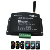LED RGB WIFI+RF CONTROLLER 3x3A Tříkanálový WiFi + RF kontrolér, pro řízení RGB LED pásků napájení 12V-24V, 3x3A = 108W/12V, 216W/24V ovl telef iOS, Android, +IR dálkové ovl, 108x63x28mm, vč. RF dálk. ovl 3xAAA bat 1,5V
