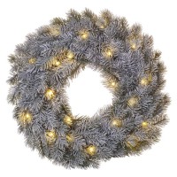 VV věnec, 20 LED, 40cm, na baterii 2xAA, IP20 Vánoční věnec, jehličí, sníh, šedozelená, vnitřní, stále svítící, 20 LED, teplá 3000K, na baterii 2xAA, 1,5V, IP20, rozměr d=40cm, časovač 6h/18h nebo stále