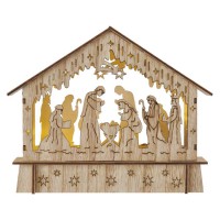 VB dřevěný betlém, 6 LED, 18x15cm Vánoční betlém, vnitřní, stále svítící, těleso dřevo, 6 LED, teplá 3000K, na baterii 2xAA, 1,5V, IP20, rozměr l=18,5cm, h=15cm, časovač 6h/18h nebo stále