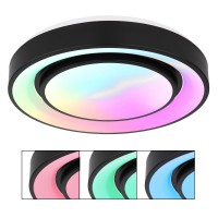 POMA 24W, CCT, RGB Stropní svítidlo, těleso kov, povrch černá mat a bílá mat, dif plast opál, LED 24W, CCT nastav teplota teplá 3000K-denní 6500K pomocí ovl, 2500lm, RGB, stmív., 230V, IP20, tř.1, rozměry d=380mm, h=75mm.