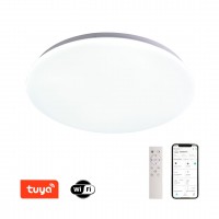 DEICO 36W, TUYA-W Stropní svítidlo, těleso kov, povrch bílá, dif plast opál, LED 36W, 1680lm, smart TUYA, WiFi, dálk ovl. Beacon (součástí) nebo mob. telefonem CCT nast teplota teplá 2700K - denní 6500K, stmív, 230V, IP20, rozměry d=450mm, h=60mm.