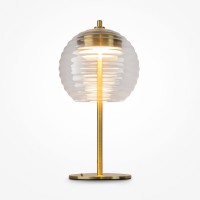 PENYM TL 8W Stolní lampa, základna kov, povrch mosaz, stínítko sklo čiré, LED 8W, 100lm, teplá 3000K, Ra80, 230V, IP20, tř.2, rozměry d=200mm, h=377mm.