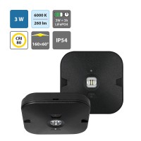 DULU 3W EM CORRIDOR/ OPEN AREA Stropní, přisazené nouzové svítidlo, plast černá, charakteristika OPEN AREA nebo CORRIDOR, SE - pouze nouzové svícení, LED 3W, 280lm, denní 6000K, záloha 3h, 230V, zvýšené krytí IP54, tř.2, 130x35x130mm.