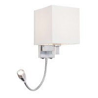 NUNAK SQUARE 1X40W E27 A LED 1X3W Nástěnné svítidlo, těleso kov, povrch chrom lesk, stínítko textil bílá, pro žárovku 1x40W, E27, flexibilní rameno s LED 1x3W, teplá 2800K, 205lm, 230V, IP20, tř.1. rozměry 160x550x205mm