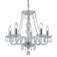 UNICASKY PENDANT 5X7W E14 Závěsné svítdilo, základna kov, těleso kov chrom stříbrná lesk a křišťálové ověsy, pro žárovku 5x7W, E14, 230V, IP20, tř.1. 5 ramen, rozměry těleso d=540mm h=570mm, vč závěsu l=1090mm, lze zkrátit