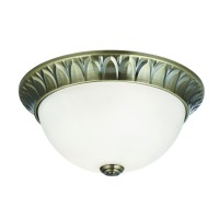 KURACEL ROUND SMALL 2X7W E14 Stropní přisazené svítidlo, základna kov, těleso kov, povrch mosaz antická zašlá s ornamenty, difuzor sklo opál, pro žárovku 2x7W, E14, 230V, IP20, tř.1. rozměry d=280mm h=130mm