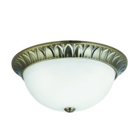 KURACEL ROUND BIG 3X7W E14 Stropní přisazené svítidlo, základna kov, těleso kov, povrch mosaz antická zašlá s ornamenty, difuzor sklo opál, pro žárovku 3x7W, E14, 230V, IP20, tř.1. rozměry d=380mm h=170mm