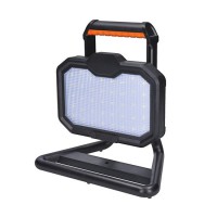 JUS 20W, IP54, na baterie Montážní lampa, přenosný reflektor, plast, oranžovočerná, LED 20W, 2000lm, neutrál 4000K, 3st stmívání - 100%/50%20%, Ra80, vyzař úhel 120°, napájení akumulátor Li-lon, výdrž 2-10 hod, USB dobíjení, IP54, rozměry 200x240x65mm.