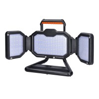 JUS 30W, 50W, IP54 na baterie Montážní lampa, přenosný reflektor, plast, oranžovočerná, LED 30W/50W, neutrální 4000K, 3st stmívání - 100%/50%20%, Ra80, vyzař úhel 120°, napájení akumulátor Li-lon, výdrž 2-10 hod, USB dobíjení, IP54, rozměry 470x240x90mm.