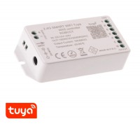 SMART WiFi Tuya RGBW-CCT 5x3A, 12V/192W, 24V/240W LED ovladač přijímač pro řízení RGBW-CCT LED pásků, ovládání telefonem smart systém Tuya, Wifi, 5x3A, 192W/12V, 240W/24V, RGB, CCT nastav. teplota  stmívání PWM, zap/vyp, IP20, rozměry 100x47x23mm.