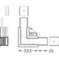 FICARIA SPOJKA VESTAVNÝ PROFIL 90 HORIZONTÁLNÍ Spojovací komponent profilu, horizontální, 90°, materiál hliník+polykarbonát PC, povrch bílá/černá/elox, rozměry 53,5x25mm