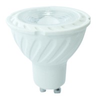 LED žárovka GU10 6,5W 450LM 110° STMÍVATELNÉ LED žárovka bodová, těleso plast bílá, krycí plast transparentní, LED 6,5W, teplá 3000K, nebo neutrální 4000K, nebo denní 6400K, 450lm, GU10, vyzař. úhel 110°, stmívatelné, 230V, tř.1, d=50mm, h=55mm