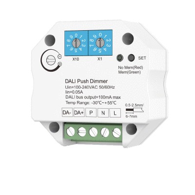 DALI/PUSH stmívač 1CH DALI PUSH stmívač 1 tlačítko, napájení 230V, výstup 100mA, 16V, IP20, rozměry 52x52x27mm do KU68