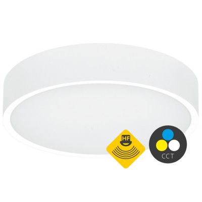 MONTGOME 25W HF senzor CCT Stropní svítidlo, senzor pohybu HF, záběr 360°, dosah 6m, čas sepnutí 5s-15min, kov, bílá, dif plast opál, LED 25W, 2750lm, přepín CCT teplá 3000K-neutrání 4100lm, 230V, IP65, tř.2, d=350mm, h=68mm.