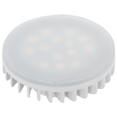 LM-GX53-LED VÝPRODEJ Světelný zdroj žárovka, zákl plast bílá, difuzor plast opál, LED 6W, GX53, teplá 3000K, 550lm, Ra80, 230V, stř život 15.000h, 15.000x zap/vyp, d=75mm h=27mm