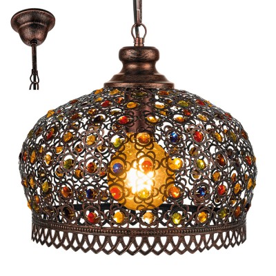 JADIDA VÝPRODEJ Závěsné svítidlo lustr, těleso kov, povrch antická měděná, stínítko sklo barevné, detail ornamentů, pro žárovku 1x60W, E27, A60, 230V, IP20, tř.1, rozměry d=330mm, vč zav řetězu l=1100mm l