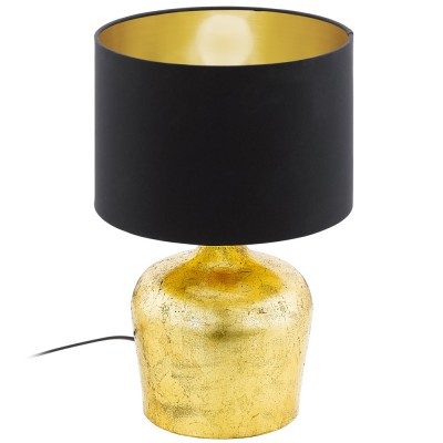 MANALBA Stolní lampa, základna kov, povrch zlatá, stínítko textil vnější černá, vnitřní zlatá, imitace opotřebení, pro žárovku 1x60W, E27, A60, 230V, IP20, tř.2, rozměry d=250mm, h=380mm, vypínač 