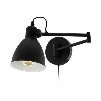 SAN PERI VÝPRODEJ Nástěnná lampa, dvě ramena, základna kov, povrch černá, stínítko kov vnější černá, vnitřní bílá, pro žárovku 1x10W, E27, A60, 230V, IP20, tř.2, rozměry 130x300x210mm, vč vypínače na kabelu