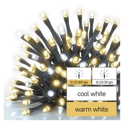 VR BASIC 100 LED řetěz bílá svítí stále IP44 VÝPRODEJ Spojovatelný vnitřní/venkovní vánoční řetěz, 100 LED 50x studená, 50x teplá, svítí stále, svítící část 10m, rozteč 0,1m, IP44, kabel černá, trafo SAMOSTATNĚ