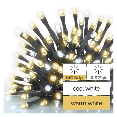 VR BASIC 100 LED řetěz bílá svítí stále IP44, 10m VÝPRODEJ Spojovatelný vnitřní/venkovní vánoční řetěz, 100 LED 50x studená, 50x teplá, svítí stále, svítící část 10m, rozteč 0,1m, IP44, kabel černá, trafo SAMOSTATNĚ