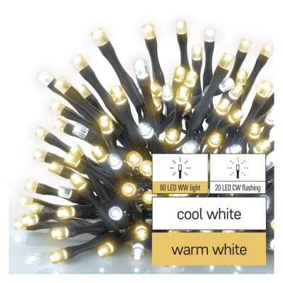 VT BASIC 100 LED, řetěz, bliká, IP44 VÝPRODEJ Spojovatelný vnitřní/venkovní vánoční řetěz, 100 LED, 80 LED teplá svítí stále, 20 LED studená blikající, svítící část l=10m, rozteč 0,1m, IP44, kabel černá, trafo SAMOSTANĚ