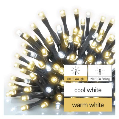 VT BASIC 100 LED, řetěz, bliká, IP44, 10m Spojovatelný vnitřní/venkovní vánoční řetěz, 100 LED, z toho 80 LED teplá svítí stále, 20 LED studená blikající, svítící část l=10m, rozteč 0,1m, IP44, kabel černá, trafo SAMOSTANĚ