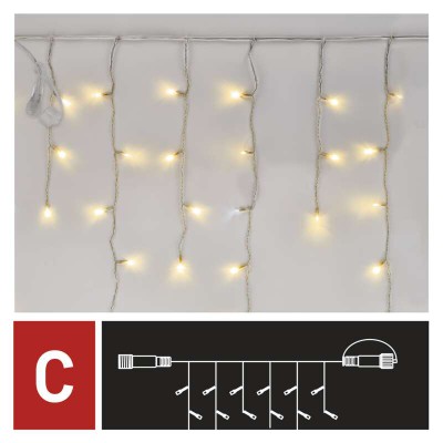 VT BASIC 100 LED, třásně, bliká, IP44, 2,5x0,9m Spojovatelný vnitřní/venkovní vánoční třásně, 100 LED, 90 LED teplá svítí stále, 10 LED studená bliká, svítící část l=2,5mx0,9m, rozteč 0,1m, IP44, kabel transparent, trafo SAMOSTANĚ
