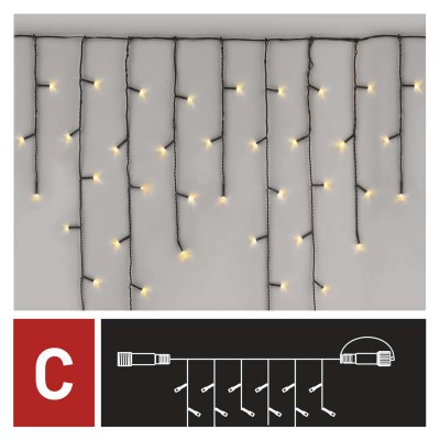 VT BASIC 100 LED, třásně, bílá, svítí stále, IP44 VÝPRODEJ Spojovatelný vnitřní/venkovní vánoční třásně, 100 LED, teplá svítí stále, svítící část l=2,5mx0,9m, rozteč 0,1m, IP44, kabel černá, trafo SAMOSTANĚ