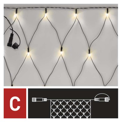 VT BASIC 140 LED, síť, bílá, svítí stále, 2x1,5m VÝPRODEJ Spojovatelný vnitřní/venkovní vánoční síť, 140 LED, teplá, svítí stále, svítící část 2x1,5m, IP44, kabel černá, trafo SAMOSTANĚ