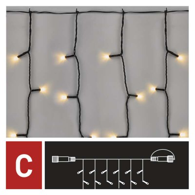 VZ BASIC 100 LED, závěs, bílá, sv. stále, 1x2m Spojovatelný vnitřní/venkovní vánoční závěs, 100 LED, teplá, svítí stále, svítící část š=1m, l=2m, rozteč 0,1m, IP44, kabel černá, trafo SAMOSTANĚ