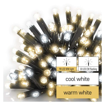 VR PROFI 100 LED, teplá a studená, bliká, IP44 VÝPRODEJ Spojovatelný vnitřní/venkovní vánoční řetěz, 365 dní, 100 LED, 90 LED teplá svítí stále, 10 LED studená blikající, svítící část l=10m, rozteč 0,1m, IP44, kabel černá, trafo SAMOSTANĚ