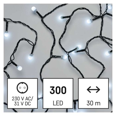 VR řetez/kuličky 300 LED, bílá, IP44, 30m Vánoční řetěz, kuličky, venkovní/vnitřní, stále svítící, 300 LED, studená, svítící část l=30m, přívodní kabel černá l=5m, vč. Adaptéru 230V, IP44, časovač 6h/18h nebo stále