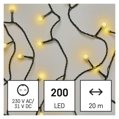 VR řetez/kuličky 200 LED, bílá, IP44, 20m Vánoční řetěz, kuličky, venkovní/vnitřní, stále svítící, 200 LED, teplá, svítící část l=20m, přívodní kabel černá l=5m, vč. Adaptéru 230V, IP44, časovač 6h/18h nebo stále