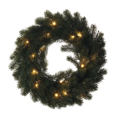 VV věnec, 20 LED, na baterii 2xAA, 40cm Vánoční věnec, jehličí, vnitřní, stále svítící, 20 LED, teplá 3000K, na baterii 2xAA, 1,5V, IP20, rozměr d=40cm, časovač 6h/18h nebo stále