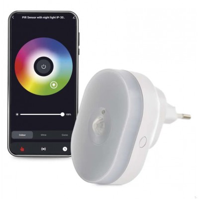 TUYA, WIFI, 0,7W, RGB, PIR senzor Noční orientační světlo do zásuvky, PIR senzor pohybu, dosah až 4m, bílá, TUYA smart WiFi, LED 0,7W, bílá 10lm, RGB, 230V, IP20, rozměry 55x75x80mm.