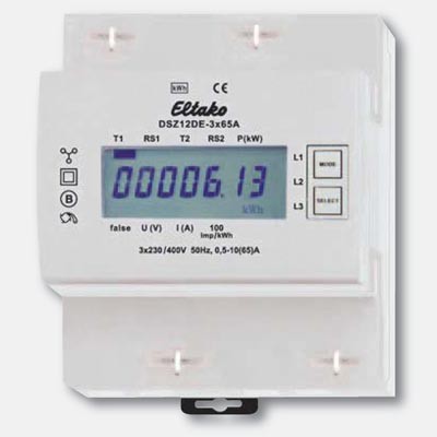  Třífázový digitální dvousazbový elektroměr DSZ12DE-3x65A 3x230V/400V/65A, 50-60Hz, Výsup měření SO 1000Imp/kWh, pomocí tlačítek Mode, Select lze měřit P, U, I