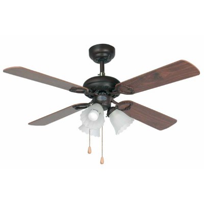 CARENT Stropní ventilátor zákl. kov, povrch hnědá, 4 lopatky dřevo mahagon/ořech, 3 rychlosti 27W/37W/50W, reverzní chod, osvětlení 3x60W, E27, 230V, IP20, d=1070mm, h=460mm s vypínačem
