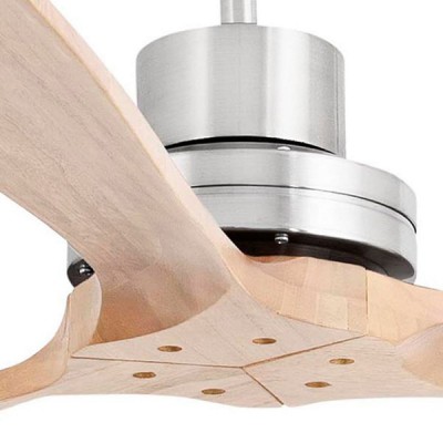 BOATE1 Stropní pokojový ventilátor, základna kov povrch nikl mat, 3 dřevěné lopatky dekor borovice, 3 rychlosti 14W/30W/65W, 230V, IP20, Hz50, d=1320mm, l=330-mm, vč dálkového ovladače