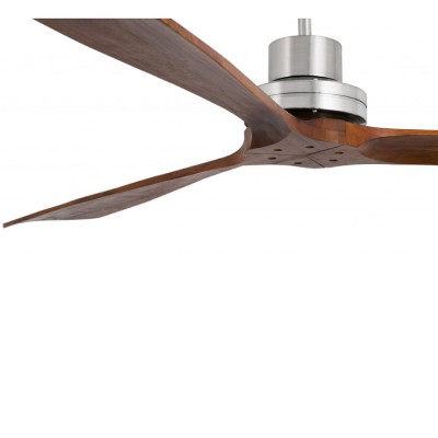 BOATE Stropní pokojový ventilátor, základna kov povrch nikl mat, 3 dřevěné lopatky dekor tmavý ořech, 3 rychlosti 25W/50W/90W, 230V, IP20, Hz50-60, d=1680mm, l=335-mm, vč dálkového ovladače