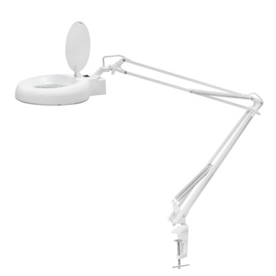 Stolní lampa s lupou Stolní lampa s lupou zvětšení 5 dioptrií, 2,25x, těleso hlliník, bílá, LED 9W, 700lm, denní 6400K, Ra80, 230V, IP20, rozměry d=220mm, l=600mm, úchyt svěrka