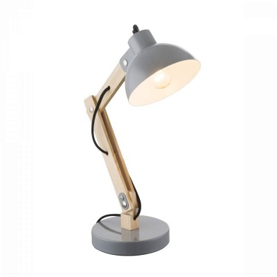 DURA 1x60W E27 Stolní lampa, dvě ramena, těleso kov, povrch šedá, dřevěné a chromové detaily, kabel textil, pro žárovku 1x60W, E27, 230V, IP20, tř.1, rozměry 320x160x450mm, vč vypínače