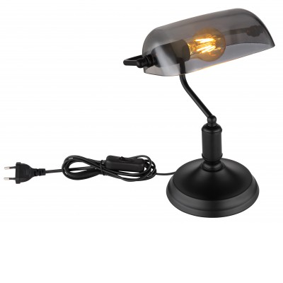 DRECH 1x60W, E27 Bankéřská lampa, základna kov, povrch černá mat, stínítko sklo kouřové, pro žárovku 1x60W, E27, 230V, IP20, tř.1, rozměry 250x320x160mm, vypínač na kabelu.