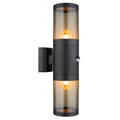 SUBVIO WL 2x60W, E27, IP44, senzor Nástěnné venkovní svítidlo, PIR senzor pohybu, záběr 110°, dosah 4-8m, těleso nerez, povrch černá mat, dif plast kouřový, pro žárovku 2x60W, E27, 230V, IP44, tř.1, 102x420x170mm, svítí nahoru/dolů.