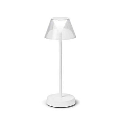 HEUSEN TL 1,8W IP54 Stolní venkovní lampa, těleso kov, povrch bílá, difuzor plast opál, stínítko sklo čiré, LED 1,8W, 150lm, teplá 3000K, dotyk stmív, nabíjení USB-C, výdrž cca 14 hodiny, IP54, rozměry d=125mm, h=345mm.